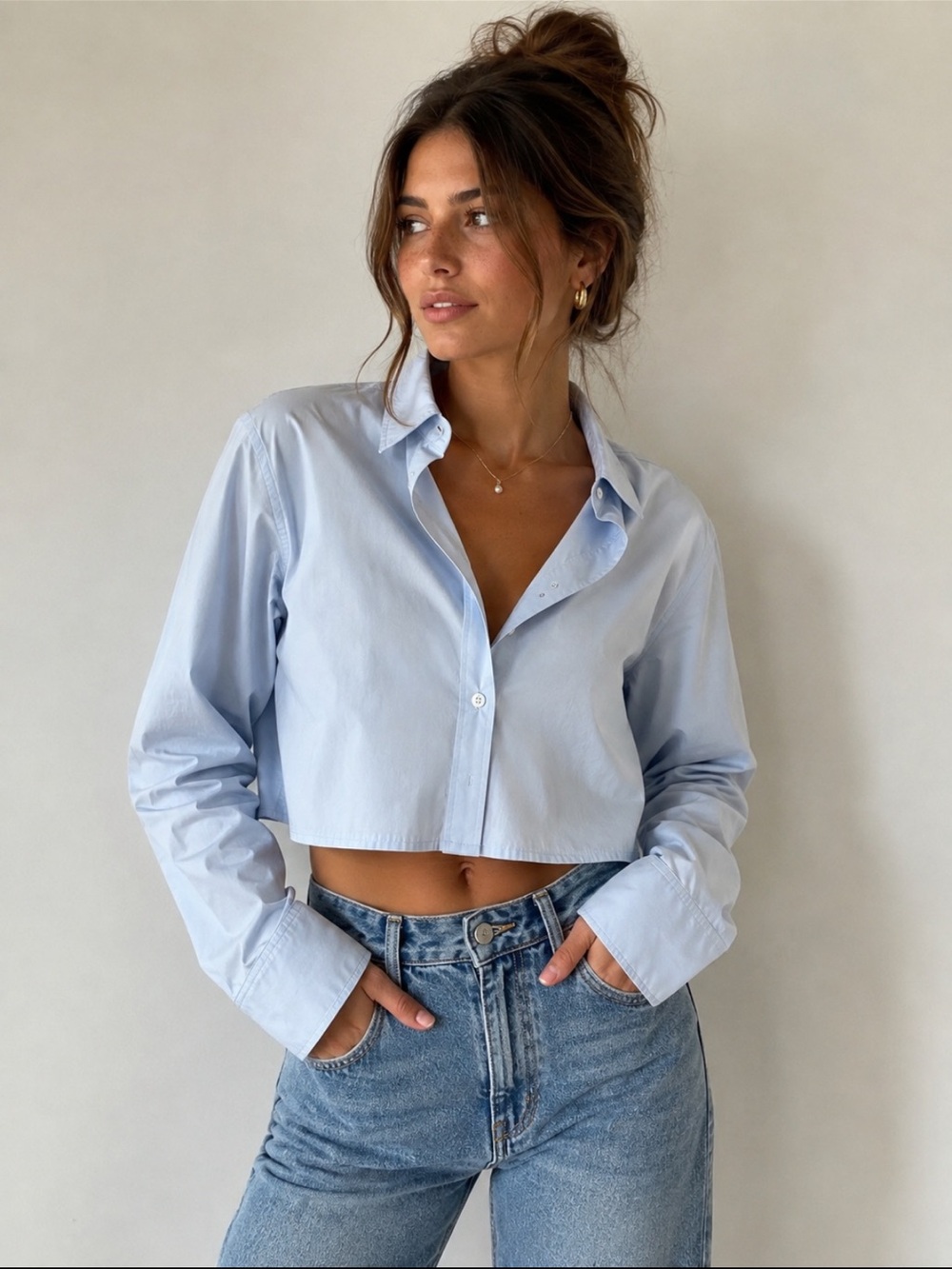 WAYF Cropped Button-Front Shirt - Light Blue